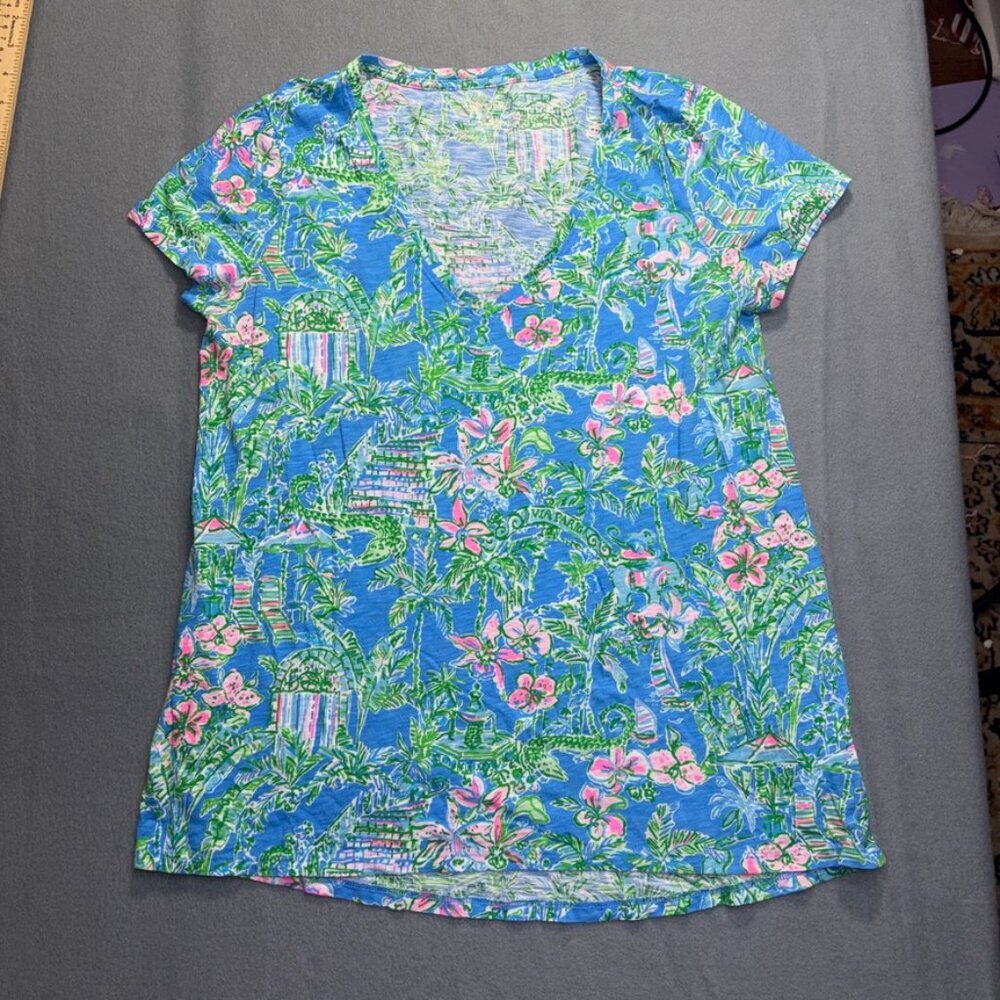 Lilly Pulitzer Etta V-Neck T-shirt Boca Blue Beneath the Bougainvillea Pima M